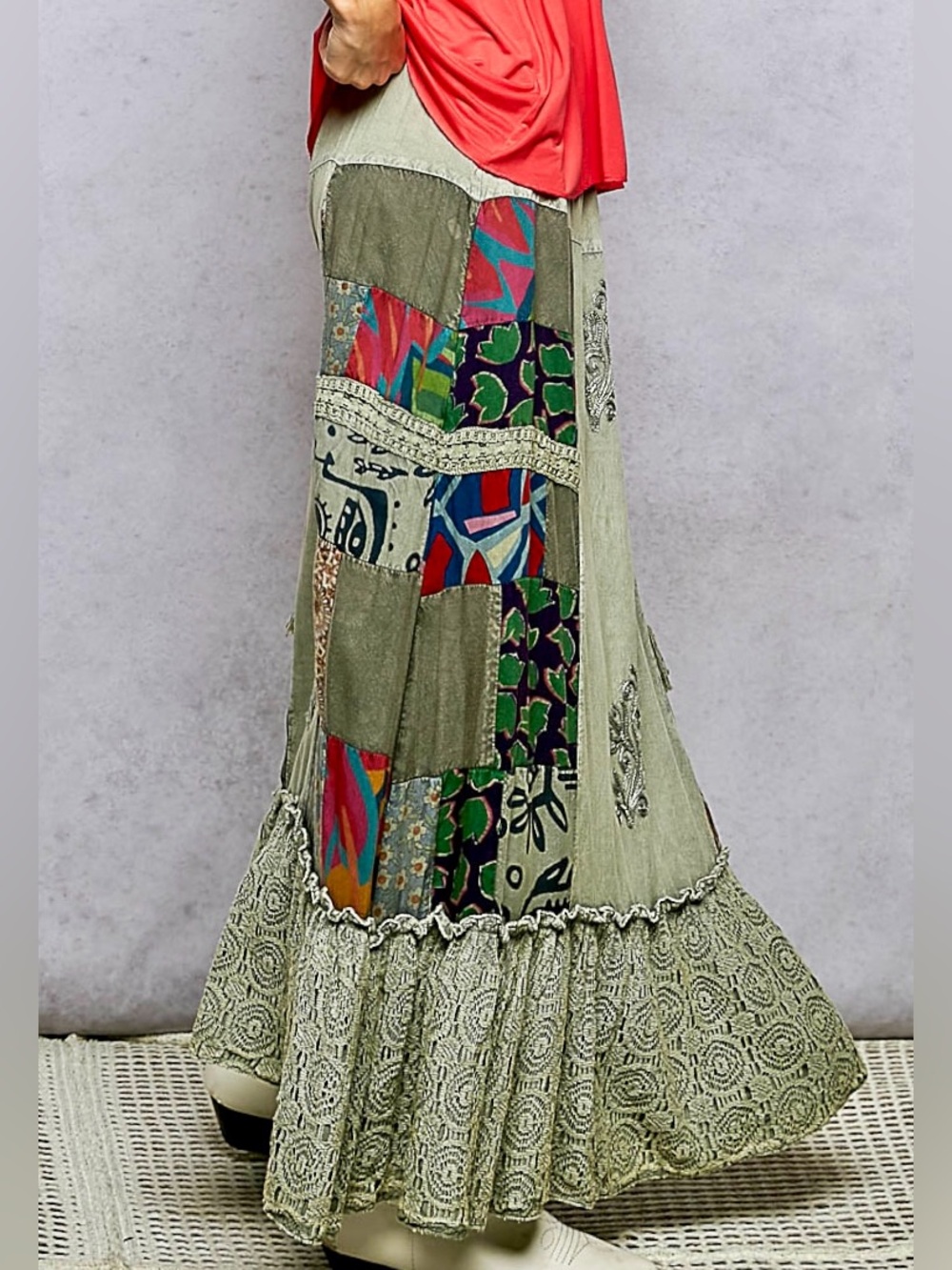 ❤️Hello Gorgeous! POL Printed Patchwork Embroidered Ruffled Skirt- Sage Multi - Picture 4 of 12